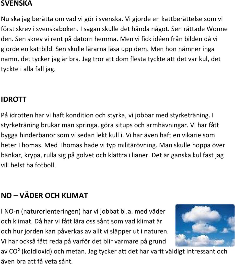 Jag tror att dom flesta tyckte att det var kul, det tyckte i alla fall jag. IDROTT På idrotten har vi haft kondition och styrka, vi jobbar med styrketräning.