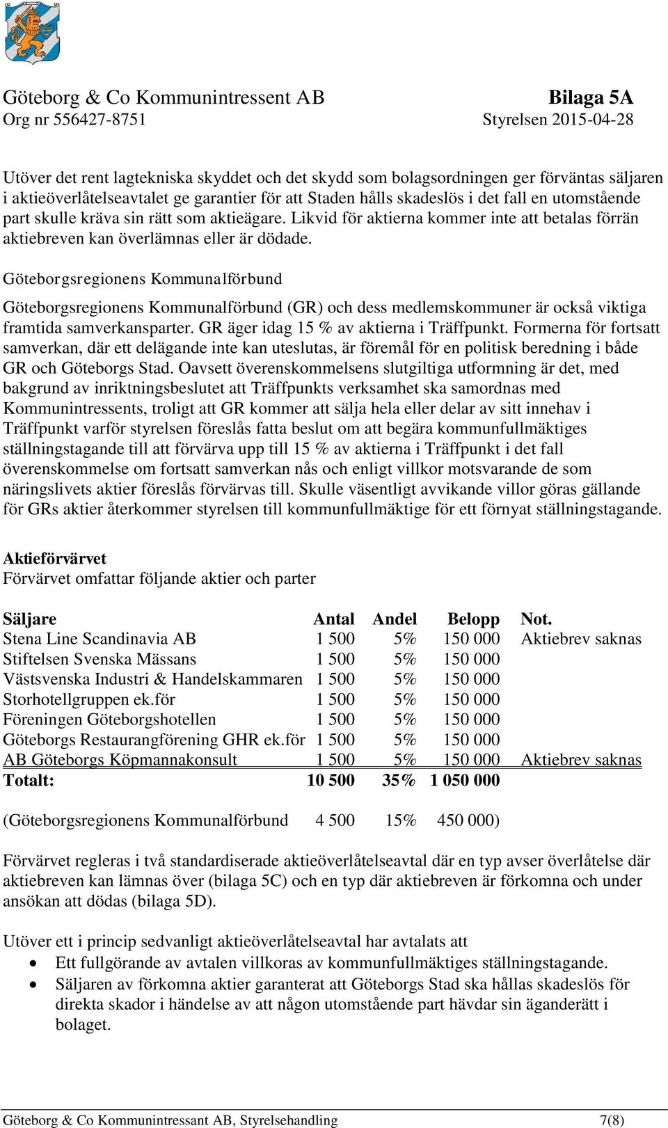 Göteborgsregionens Kommunalförbund Göteborgsregionens Kommunalförbund (GR) och dess medlemskommuner är också viktiga framtida samverkansparter. GR äger idag 15 % av aktierna i Träffpunkt.