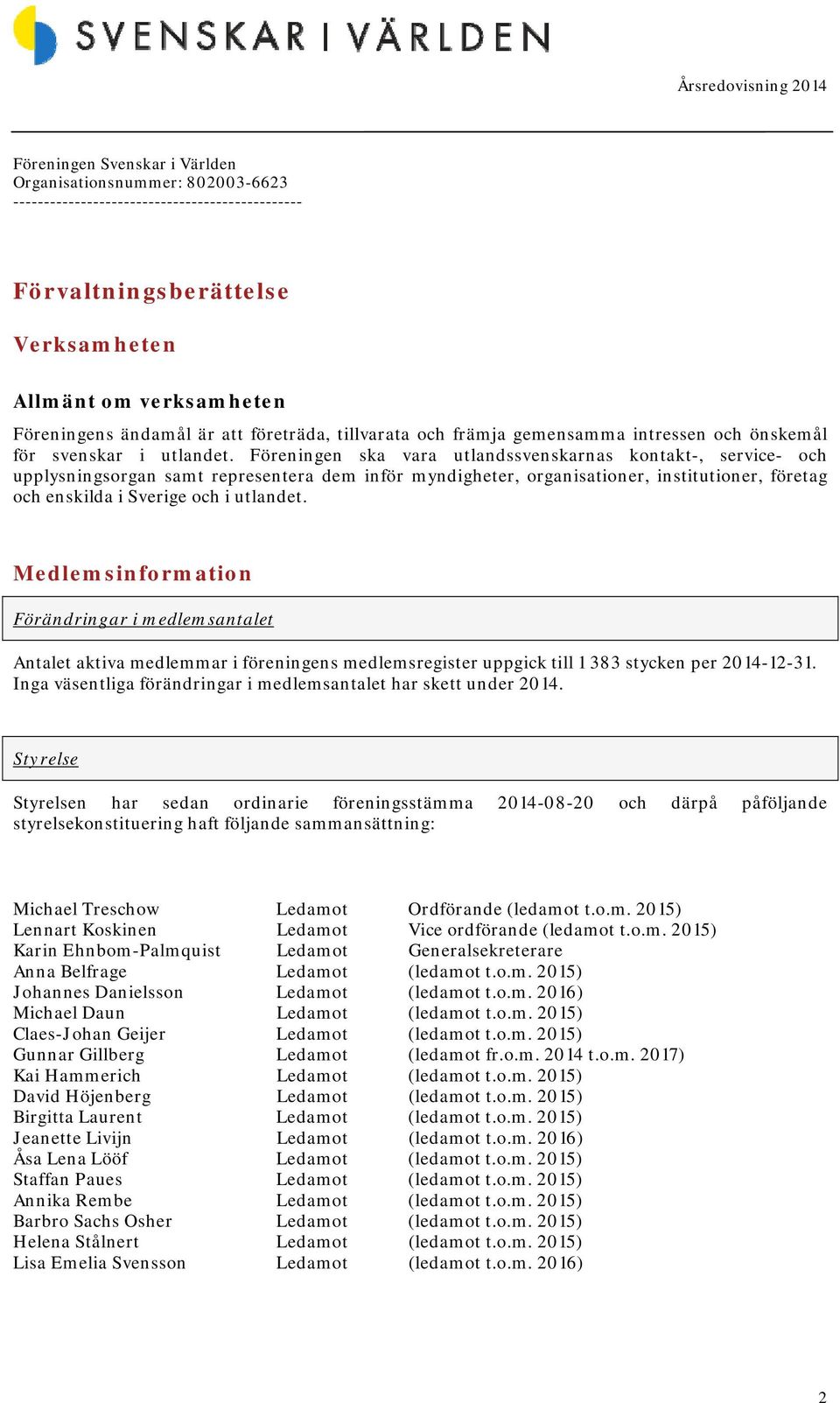 Medlemsinformation Förändringar i medlemsantalet Antalet aktiva medlemmar i föreningens medlemsregister uppgick till 1 383 stycken per 2014-12-31.