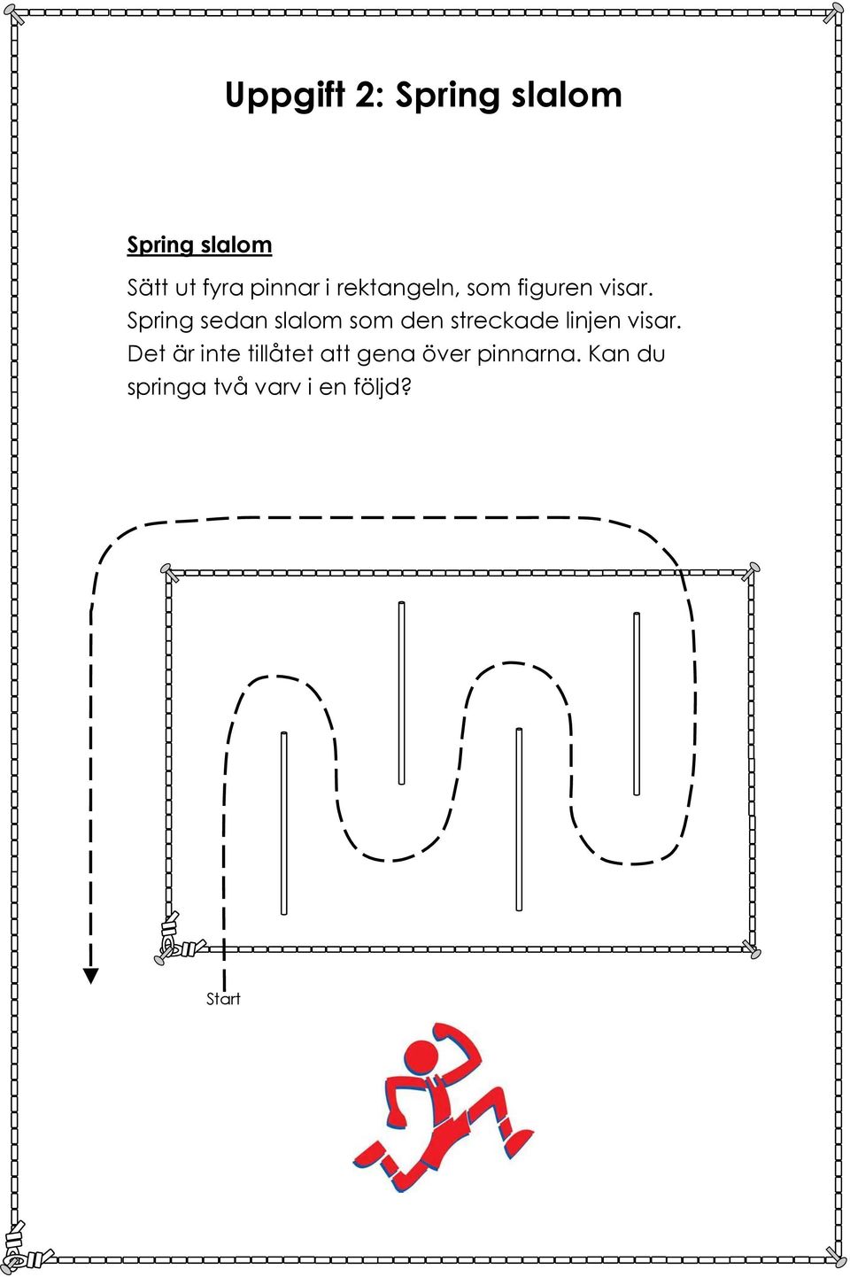 Spring sedan slalom som den streckade linjen visar.