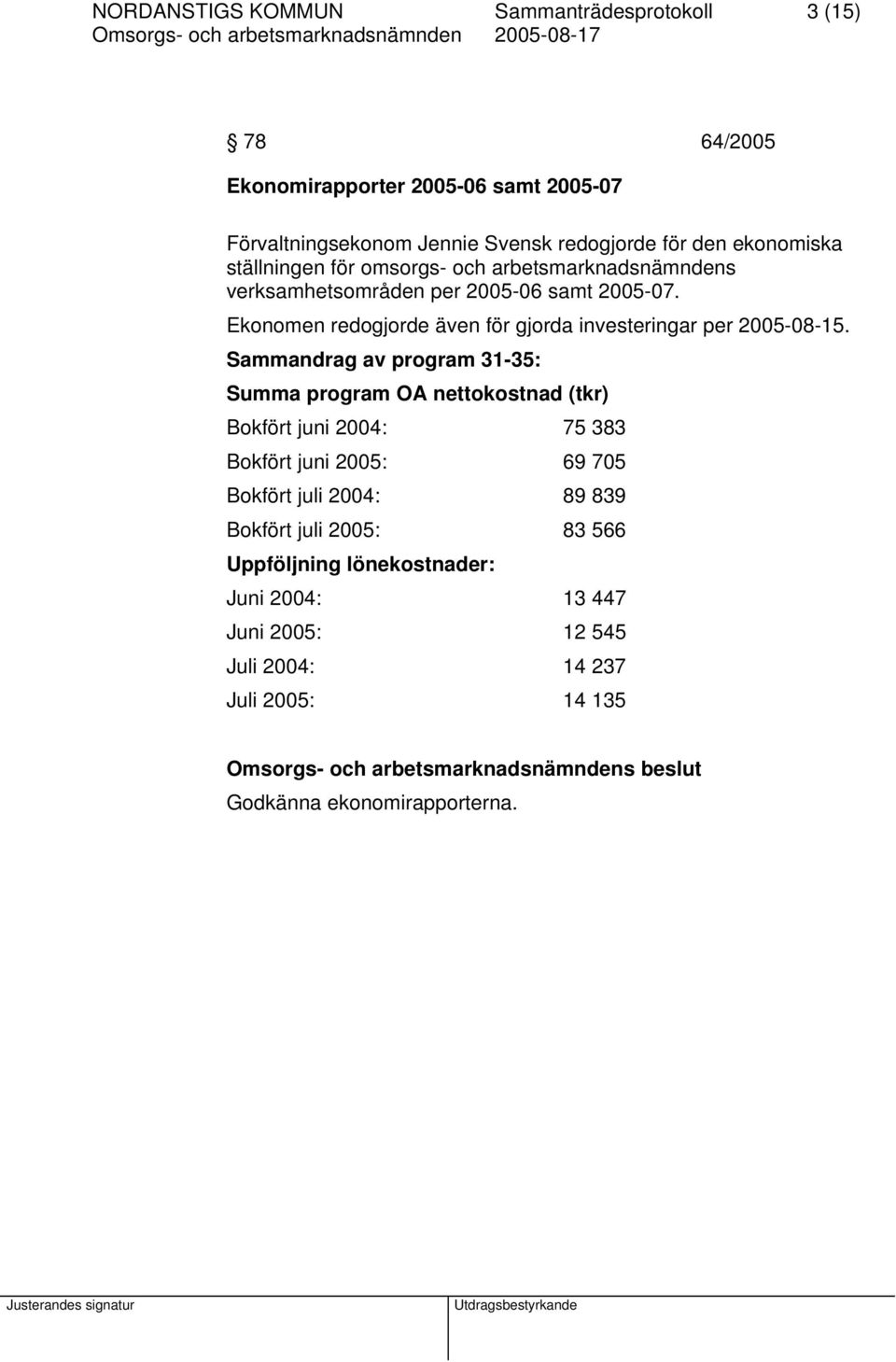 Ekonomen redogjorde även för gjorda investeringar per 2005-08-15.