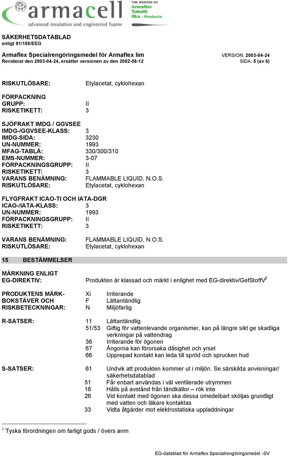 DA: 3230 UN-NUMMER: 1993 MFAG-TABLÅ: 330/300/310 EMS-