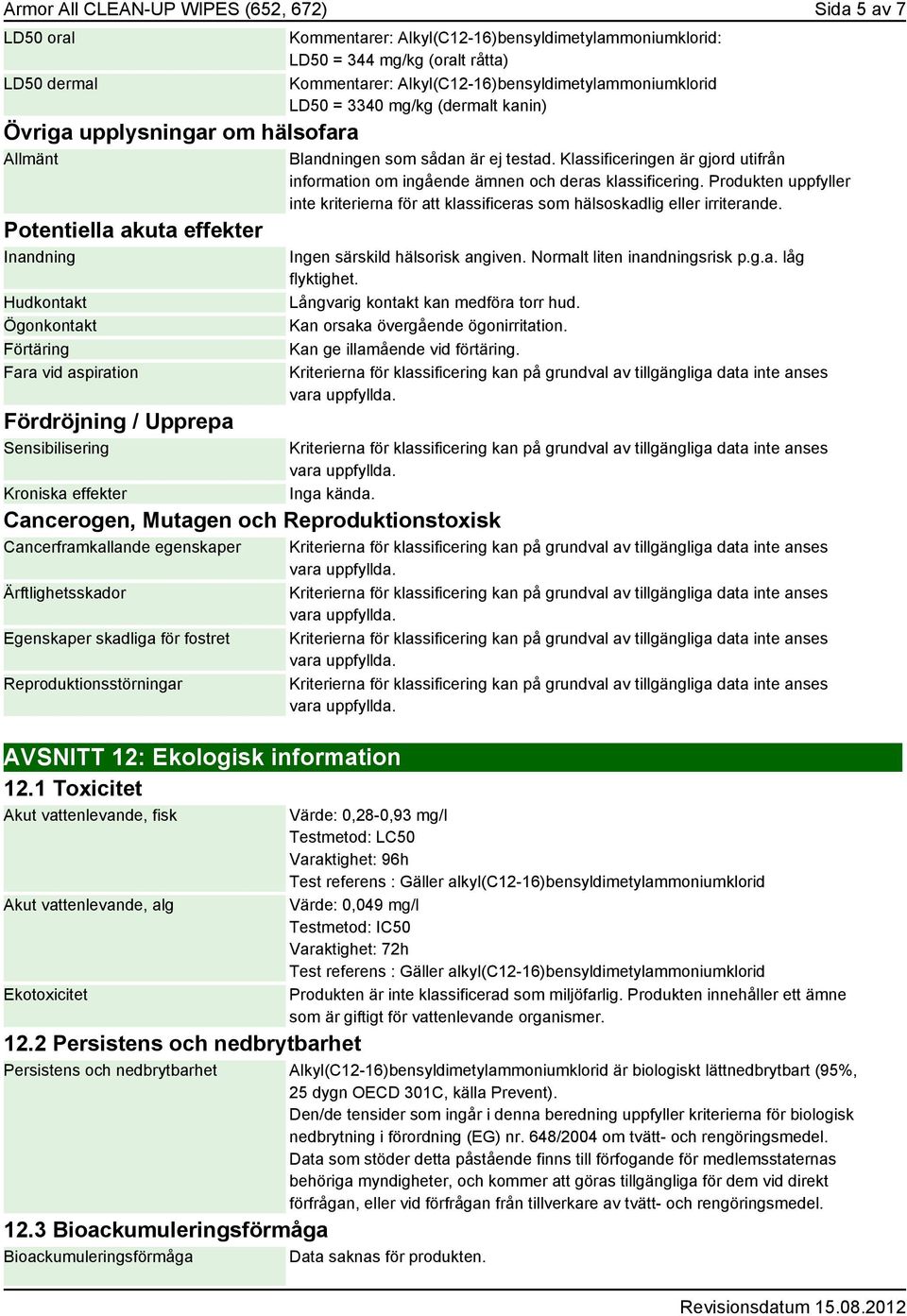 Reproduktionsstörningar AVSNITT 12: Ekologisk information 12.