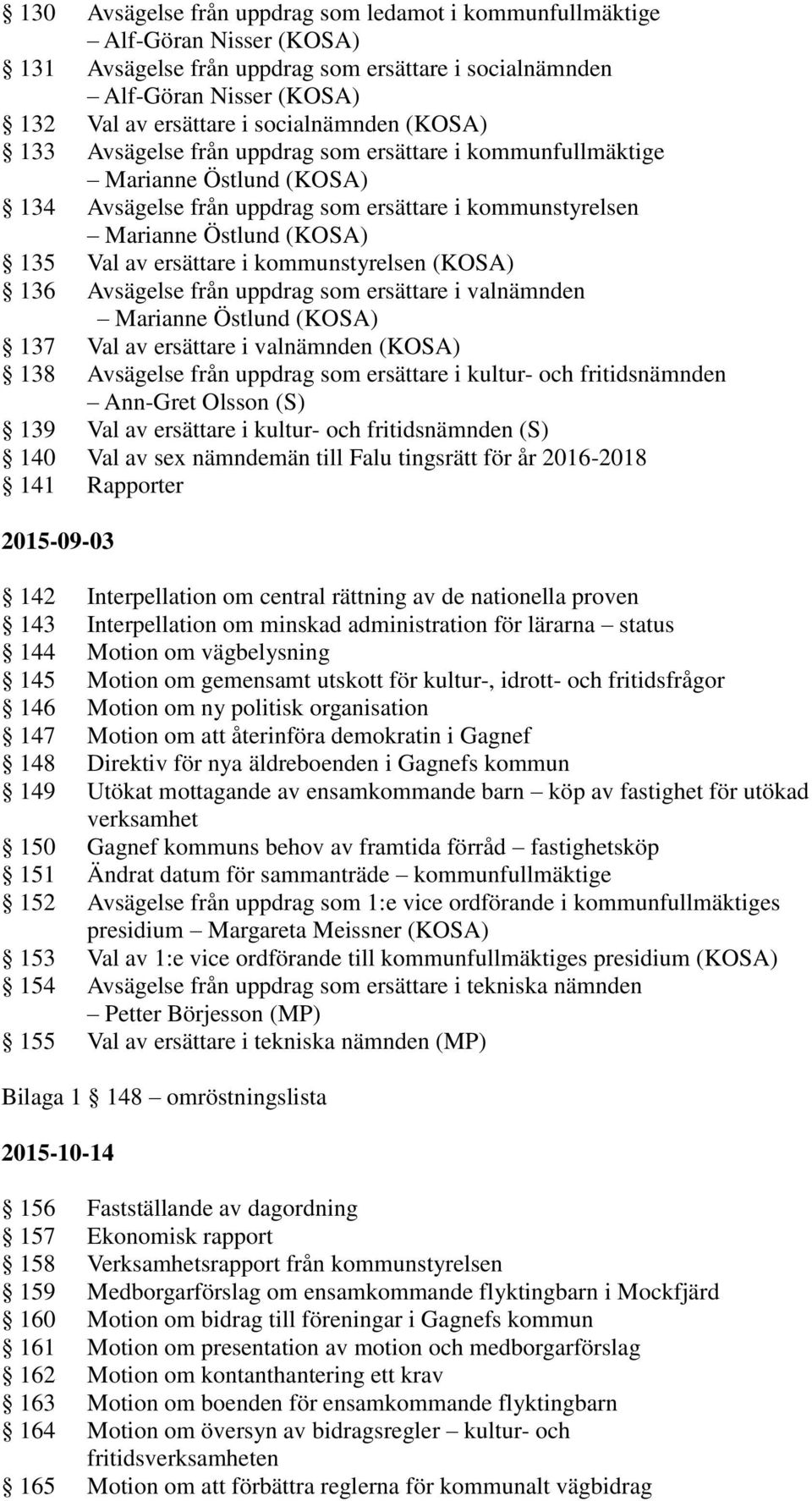ersättare i kommunstyrelsen (KOSA) 136 Avsägelse från uppdrag som ersättare i valnämnden Marianne Östlund (KOSA) 137 Val av ersättare i valnämnden (KOSA) 138 Avsägelse från uppdrag som ersättare i