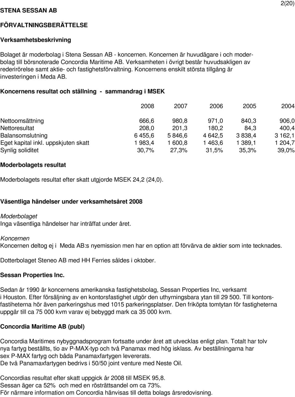 s resultat och ställning - sammandrag i MSEK 2008 2007 2006 2005 2004 Nettoomsättning 666,6 980,8 971,0 840,3 906,0 Nettoresultat 208,0 201,3 180,2 84,3 400,4 Balansomslutning 6 455,6 5 846,6 4 642,5