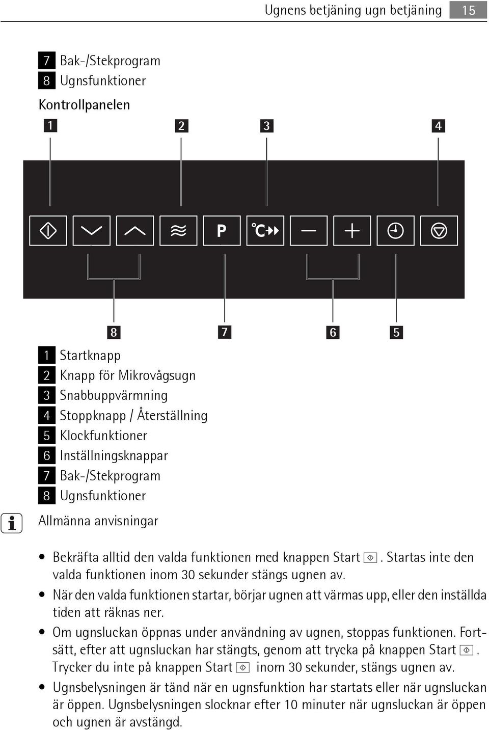 Startas inte den valda funktionen inom 30 sekunder stängs ugnen av. När den valda funktionen startar, börjar ugnen att värmas upp, eller den inställda tiden att räknas ner.