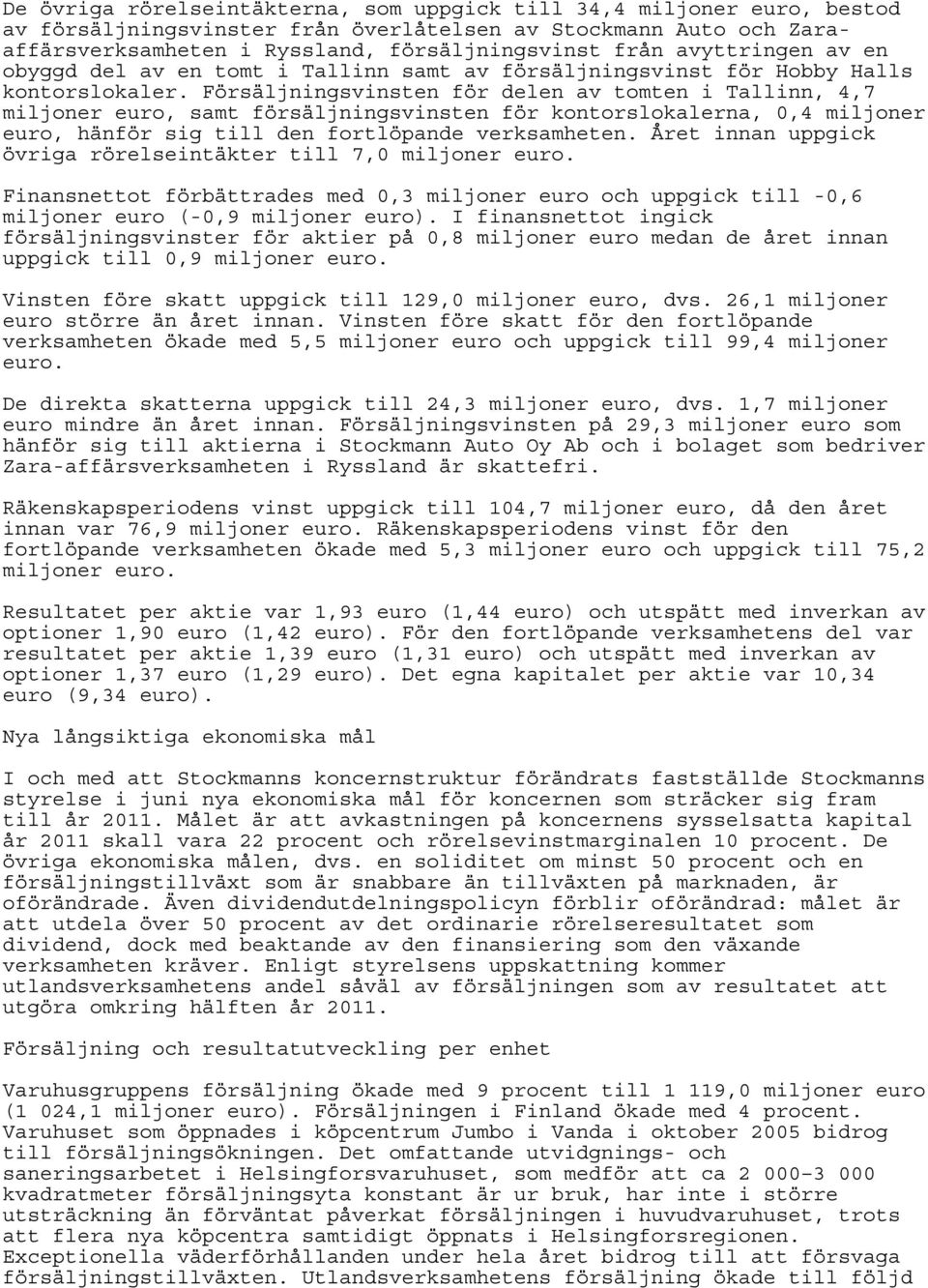 Försäljningsvinsten för delen av tomten i Tallinn, 4,7 miljoner euro, samt försäljningsvinsten för kontorslokalerna, 0,4 miljoner euro, hänför sig till den fortlöpande verksamheten.