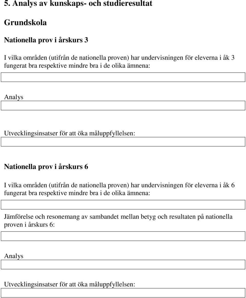 årskurs 6 I vilka områden (utifrån de nationella proven) har undervisningen för eleverna i åk 6 fungerat bra respektive mindre bra i de olika ämnena: