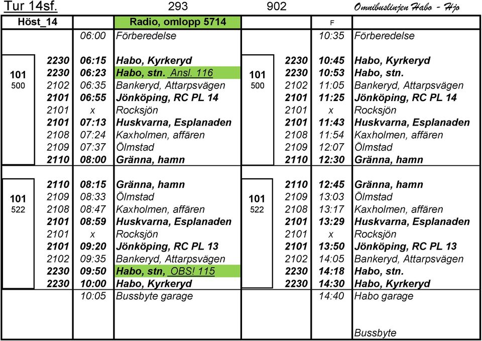 2102 06:35 Bankeryd, Attarpsvägen 500 2102 11:05 Bankeryd, Attarpsvägen 2 06:55 Jönköping, RC PL 14 2 11:25 Jönköping, RC PL 14 2 x Rocksjön 2 x Rocksjön 2 07:13 Huskvarna, Esplanaden 2 11:43