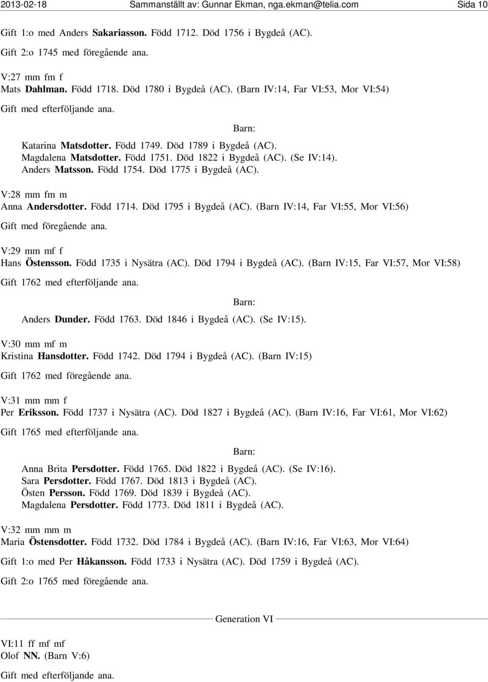 Anders Matsson. Född 1754. Död 1775 i Bygdeå (AC). V:28 mm fm m Anna Andersdotter. Född 1714. Död 1795 i Bygdeå (AC). (Barn IV:14, Far VI:55, Mor VI:56) V:29 mm mf f Hans Östensson.