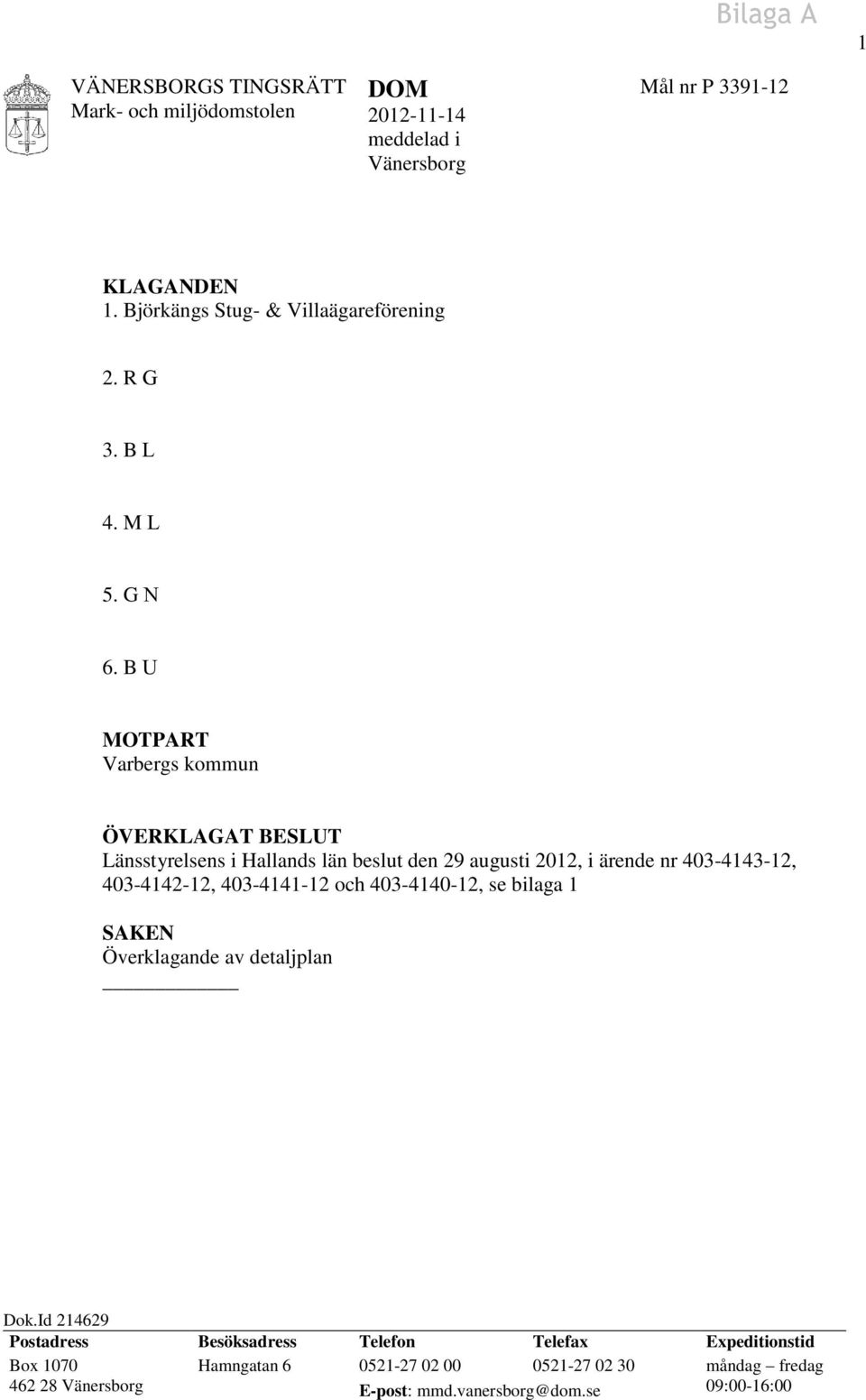 B U MOTPART Varbergs kommun ÖVERKLAGAT BESLUT Länsstyrelsens i Hallands län beslut den 29 augusti 2012, i ärende nr 403-4143-12, 403-4142-12,