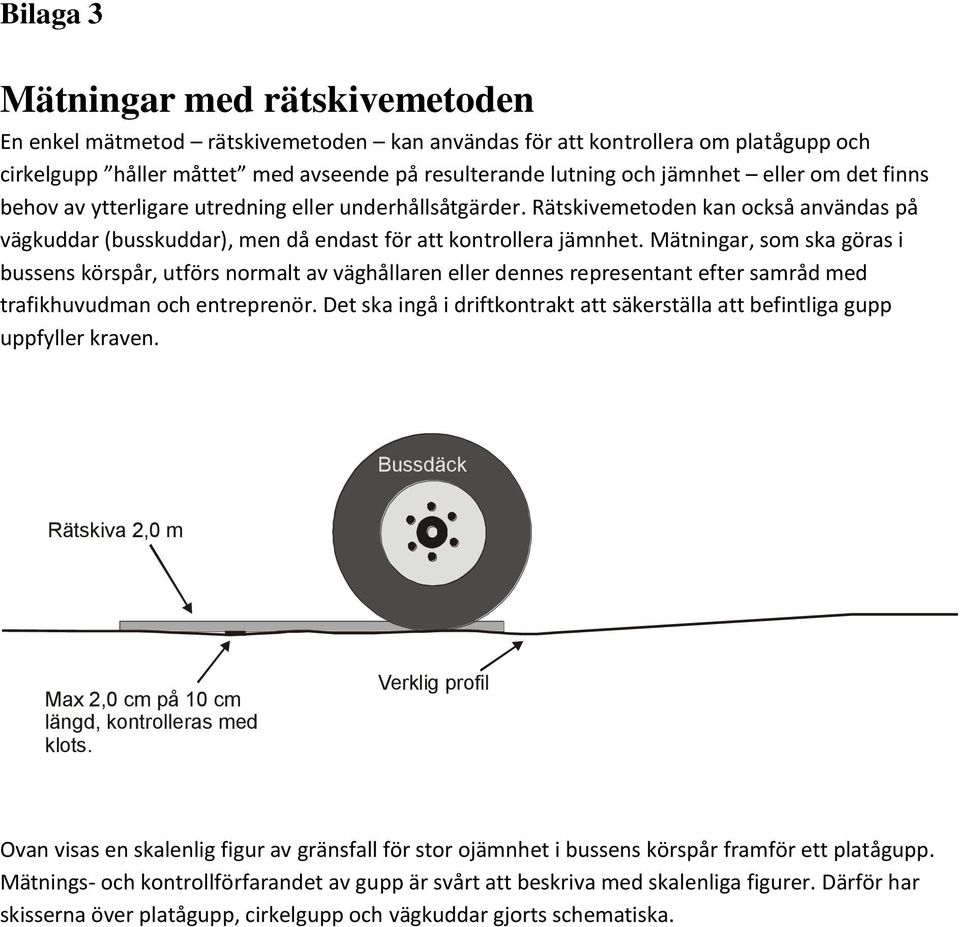 Mätningar, som ska göras i bussens körspår, utförs normalt av väghållaren eller dennes representant efter samråd med trafikhuvudman och entreprenör.