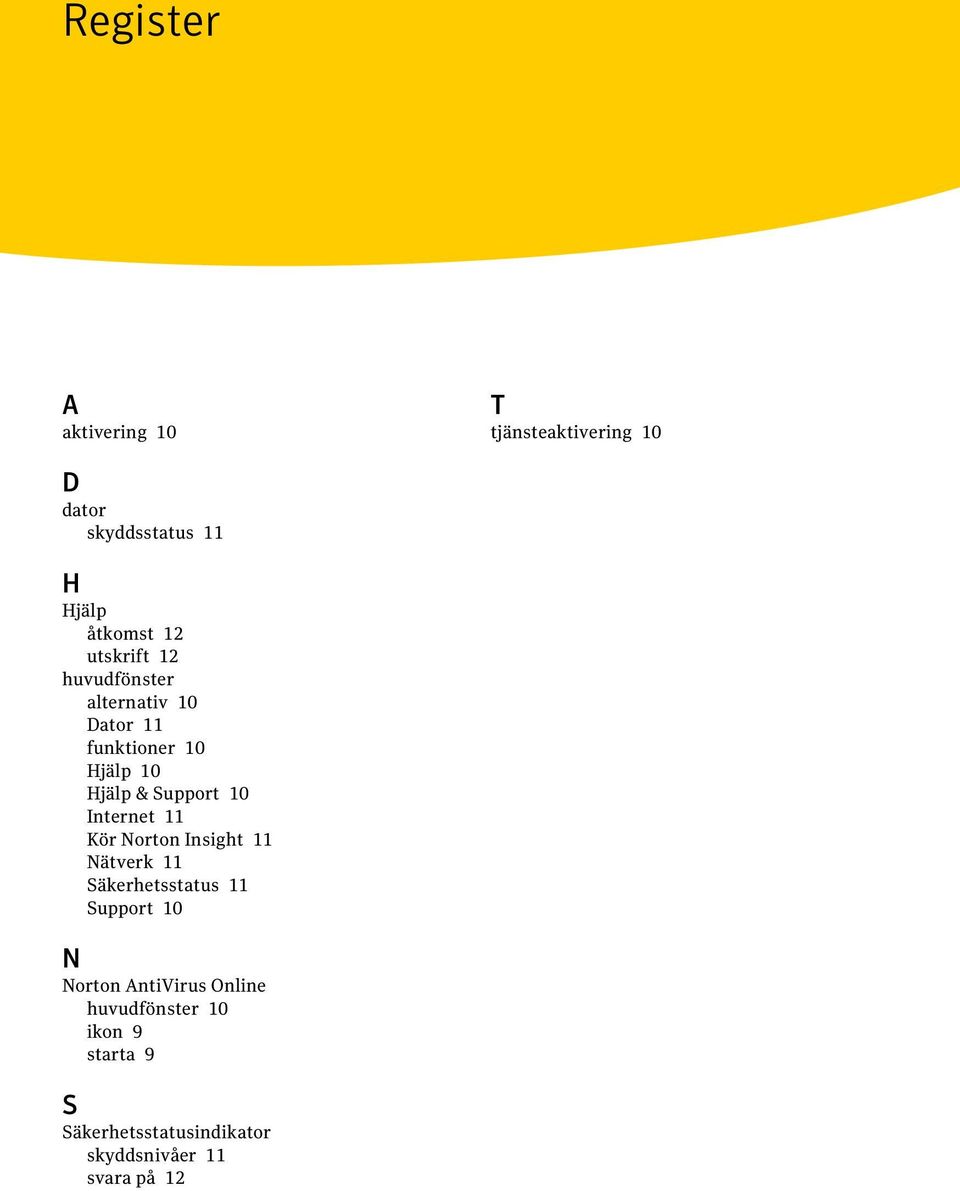 Internet 11 Kör Norton Insight 11 Nätverk 11 Säkerhetsstatus 11 Support 10 N Norton