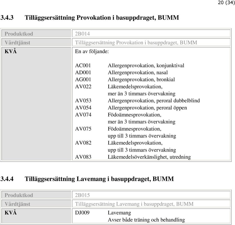 AV082 AV083 Allergenprovokation, konjunktival Allergenprovokation, nasal Allergenprovokation, bronkial Läkemedelsprovokation, mer än 3 timmars övervakning Allergenprovokation, peroral dubbelblind