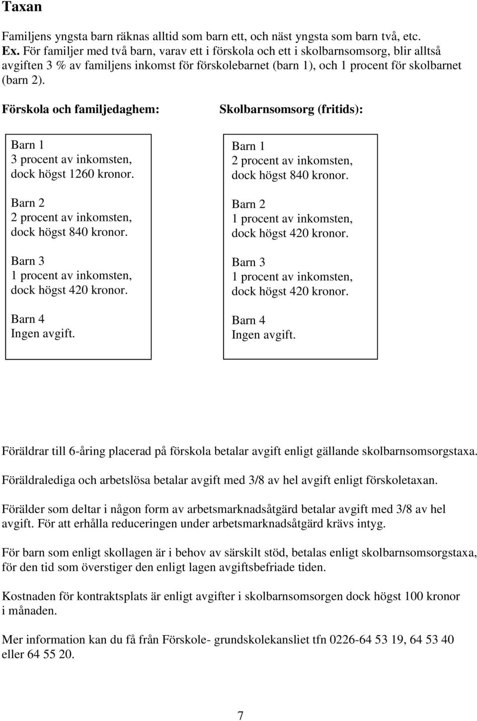 Förskola och familjedaghem: Skolbarnsomsorg (fritids): Barn 1 3 procent av inkomsten, dock högst 1260 kronor. Barn 2 2 procent av inkomsten, dock högst 840 kronor.