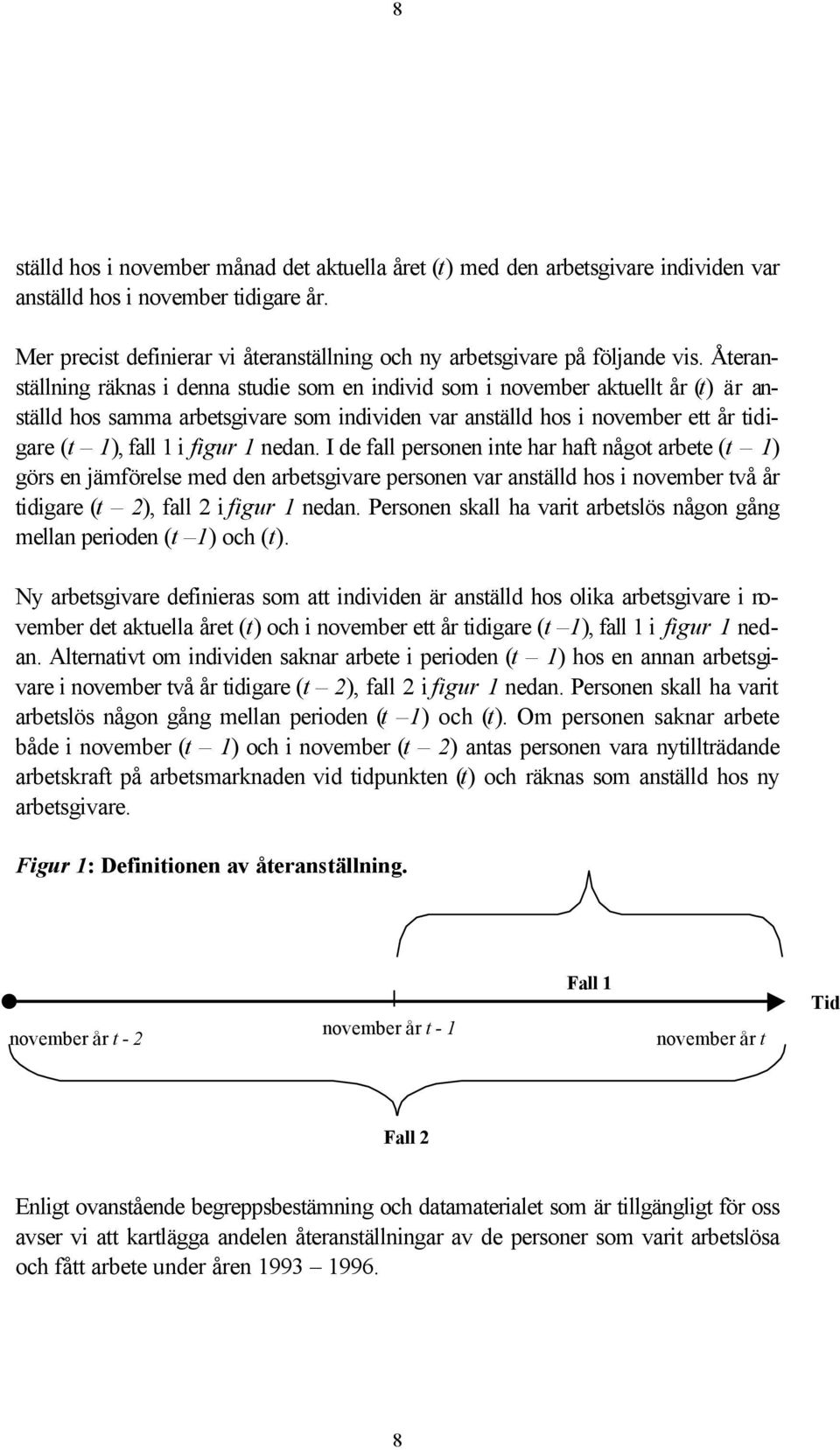 Återanställning räknas i denna studie som en individ som i november aktuellt år (t) är anställd hos samma arbetsgivare som individen var anställd hos i november ett år tidigare (t 1), fall 1 i figur