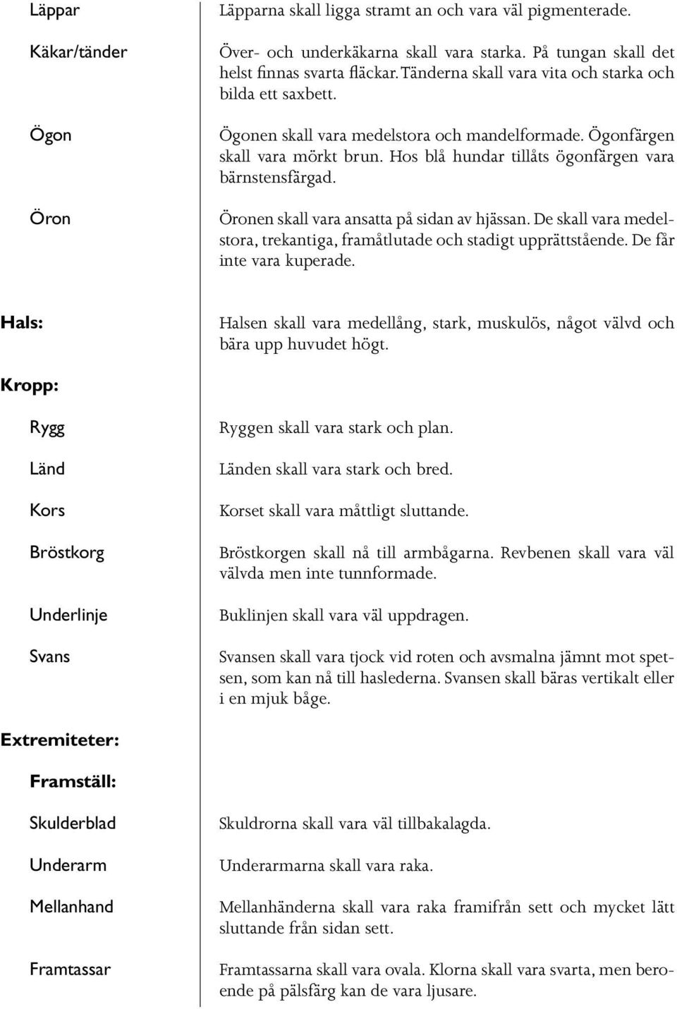 Öronen skall vara ansatta på sidan av hjässan. De skall vara medelstora, trekantiga, framåtlutade och stadigt upprättstående. De får inte vara kuperade.