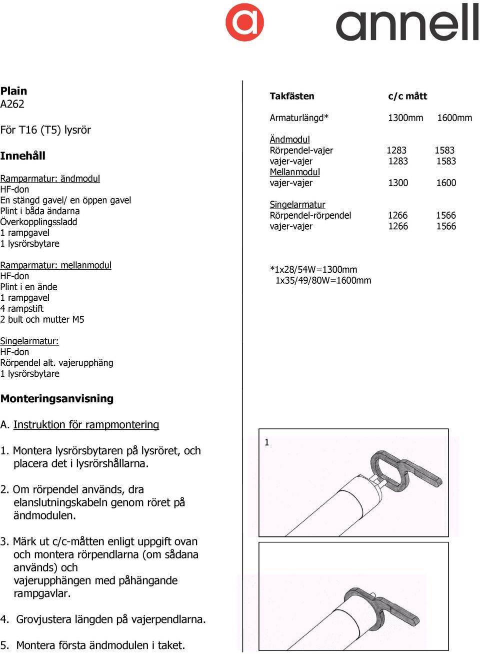 Singelarmatur Rörpendel-rörpendel 1266 1566 vajer-vajer 1266 1566 *1x28/54W=1300mm 1x35/49/80W=1600mm Singelarmatur: Rörpendel alt. vajerupphäng 1 lysrörsbytare Monteringsanvisning A.