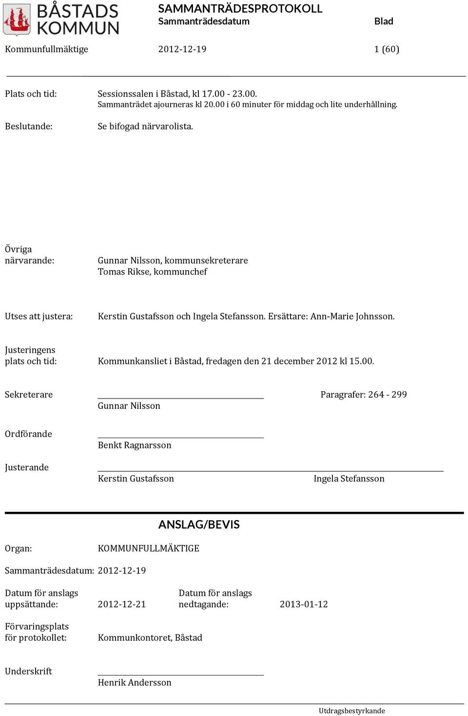 Justeringens plats och tid: Kommunkansliet i Båstad, fredagen den 21 december 2012 kl 15.00.