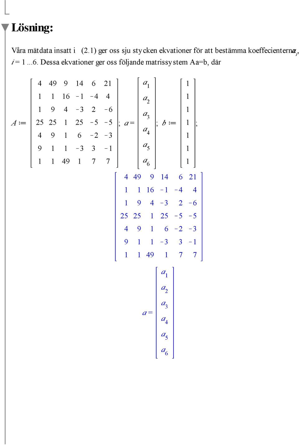 Dessa ekvationer ger oss följande matrissystem Aa=b, där 4 49 9 4 6 a 6 K K4 4 a A