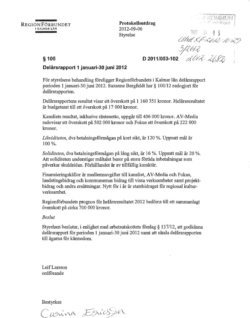 Helårsresultatet är budgeterat till ett överskott på 17 000 kronor. Kansliets resultat, inklusive räntenetto, uppgår til1436 000 kronor.