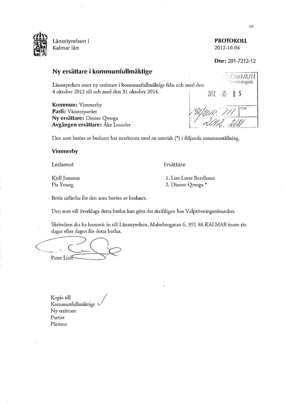 Kommun: Vimmerby Parti: Vänsterpartiet Ny ersättare: Dinore Qmega Avgången ersättare: Åke Leander 2012 ''/0 Den som berörs av beslutet har markerats med en asterisk (*) i följande sammanställning.