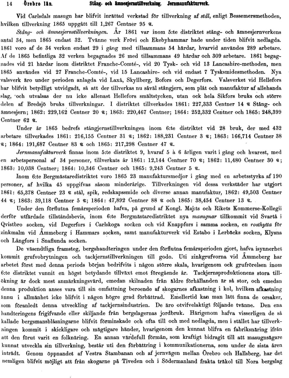 Ar 1861 var inom 5:te distriktet stång- och ämnesjernverkens antal 34, men 1865 endast 32. Tvänne verk Frövi och Ekebyhammar hade under tiden blifvit nedlagda.