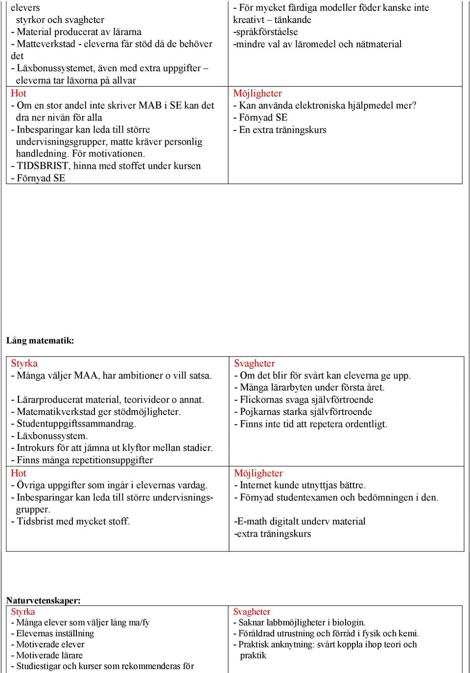 - TIDSBRIST, hinna med stoffet under kursen - Förnyad SE - För mycket färdiga modeller föder kanske inte kreativt tänkande -språkförståelse -mindre val av läromedel och nätmaterial Möjligheter - Kan