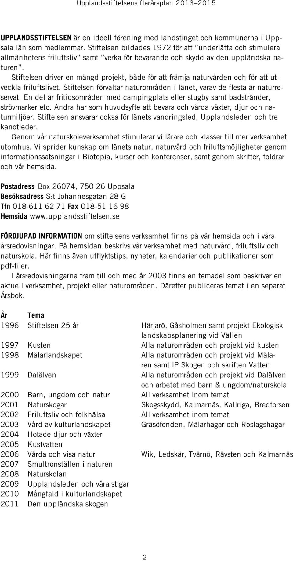 Stiftelsen driver en mängd projekt, både för att främja naturvården och för att utveckla friluftslivet. Stiftelsen förvaltar naturområden i länet, varav de flesta är naturreservat.