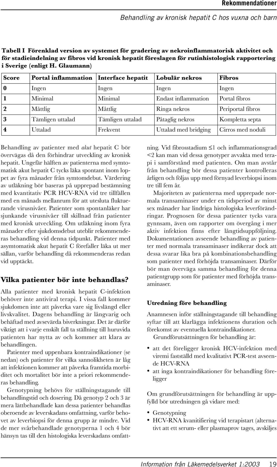 Glaumann) Score Portal inflammation Interface hepatit Lobulär nekros Fibros 0 Ingen Ingen Ingen Ingen 1 Minimal Minimal Endast inflammation Portal fibros 2 Måttlig Måttlig Ringa nekros Periportal