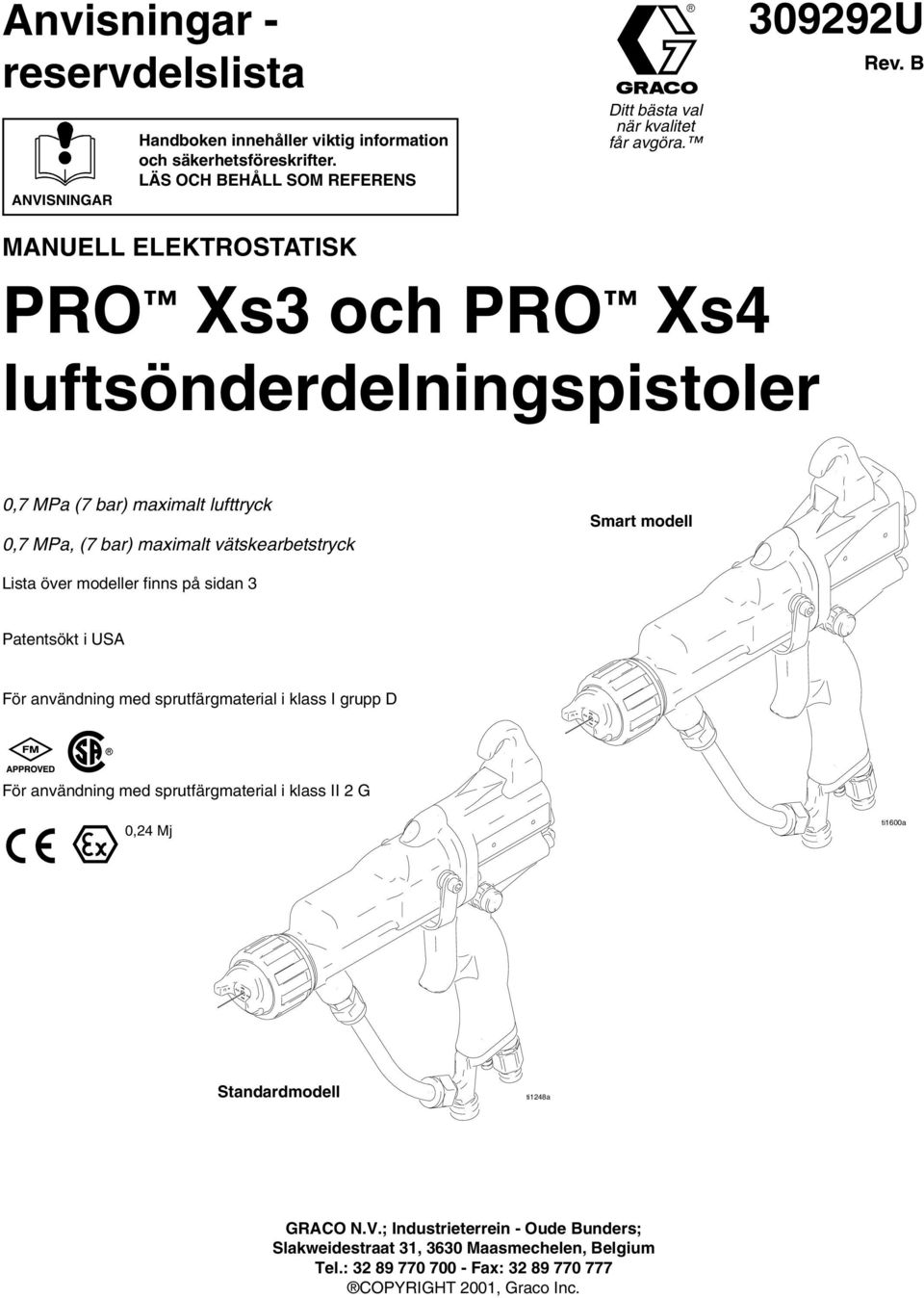 B MANUELL ELEKTROSTATISK PRO Xs3 och PRO Xs4 luftsönderdelningspistoler 0,7 MPa (7 bar) maximalt lufttryck 0,7 MPa, (7 bar) maximalt vätskearbetstryck Smart modell Lista över