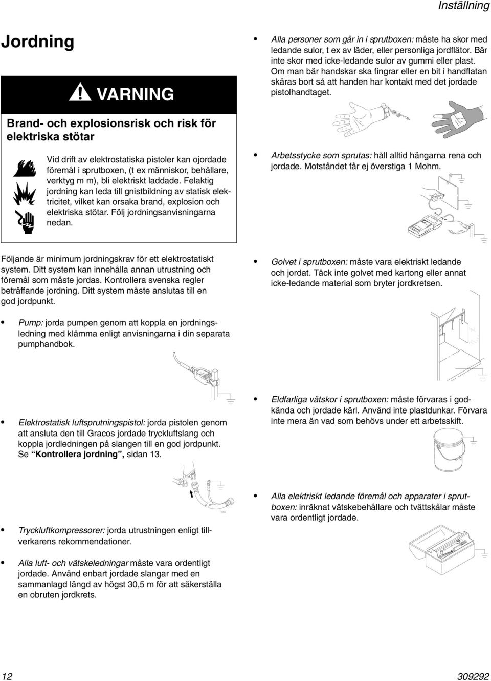 Brand- och explosionsrisk och risk för elektriska stötar Vid drift av elektrostatiska pistoler kan ojordade föremål i sprutboxen, (t ex människor, behållare, verktyg m m), bli elektriskt laddade.