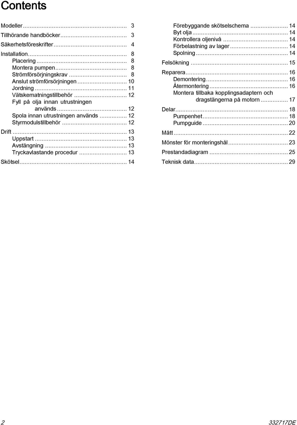 .. 13 Tryckavlastande procedur... 13 Skötsel... 14 Förebyggande skötselschema... 14 Byt olja... 14 Kontrollera oljenivå... 14 Förbelastning av lager... 14 Spolning... 14 Felsökning... 15 Reparera.