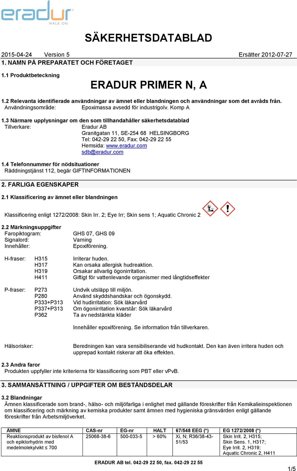 3 Närmare upplysningar om den som tillhandahåller säkerhetsdatablad Tillverkare: Eradur AB Granitgatan 11, SE-254 68 HELSINGBORG Tel: 042-29 22 50, Fax: 042-29 22 55 Hemsida: www.eradur.