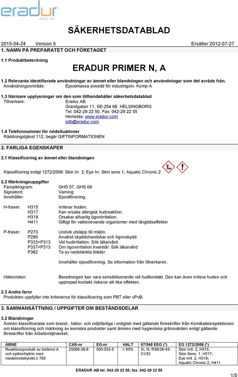 3 Närmare upplysningar om den som tillhandahåller säkerhetsdatablad Tillverkare: Eradur AB Granitgatan 11, SE-254 68 HELSINGBORG Tel: 042-29 22 50, Fax: 042-29 22 55 Hemsida: www.eradur.