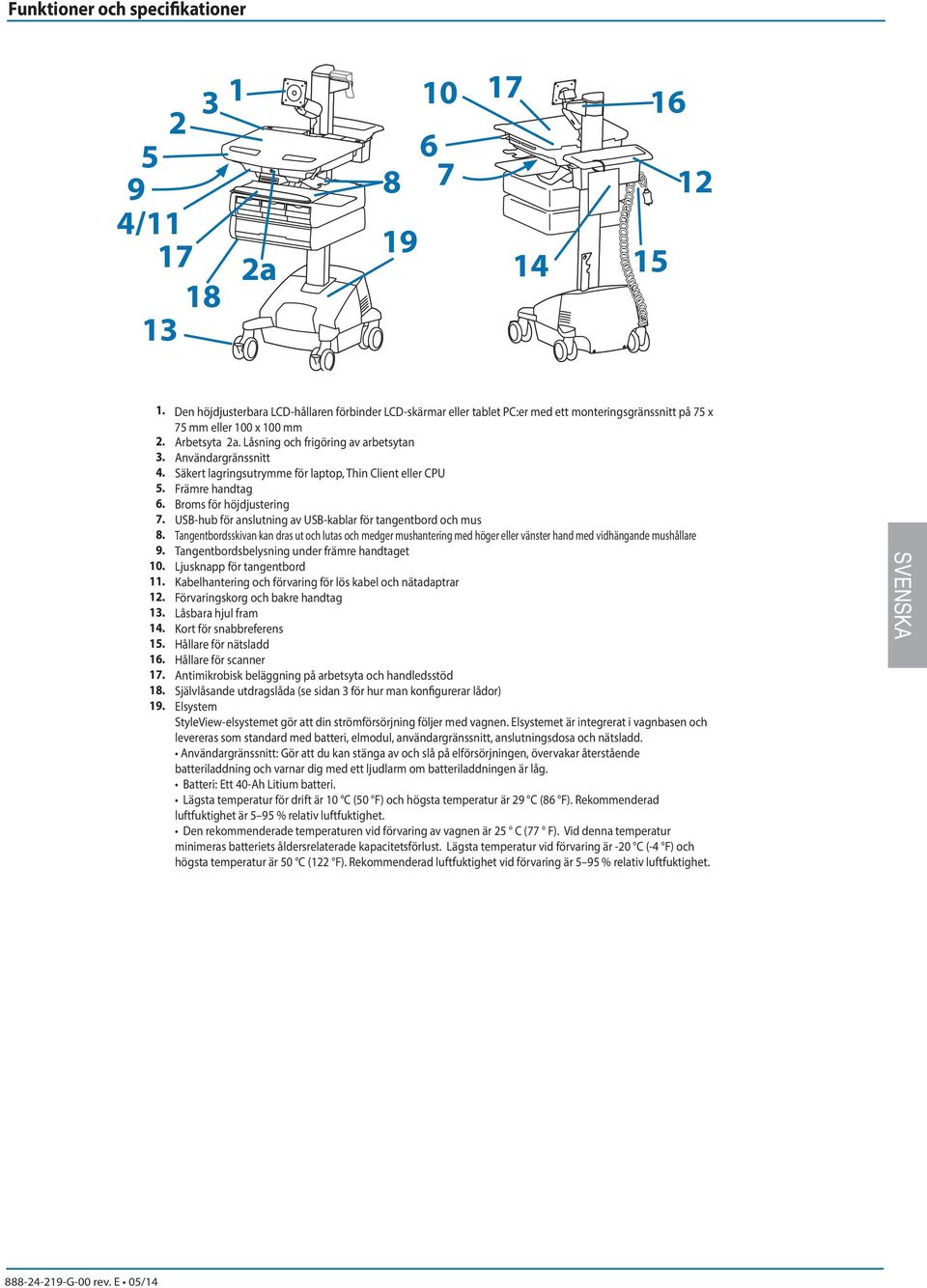 Användargränssnitt 4. Säkert lagringsutrymme för laptop, Thin Client eller CPU 5. Främre handtag 6. Broms för höjdjustering 7. USB-hub för anslutning av USB-kablar för tangentbord och mus 8.