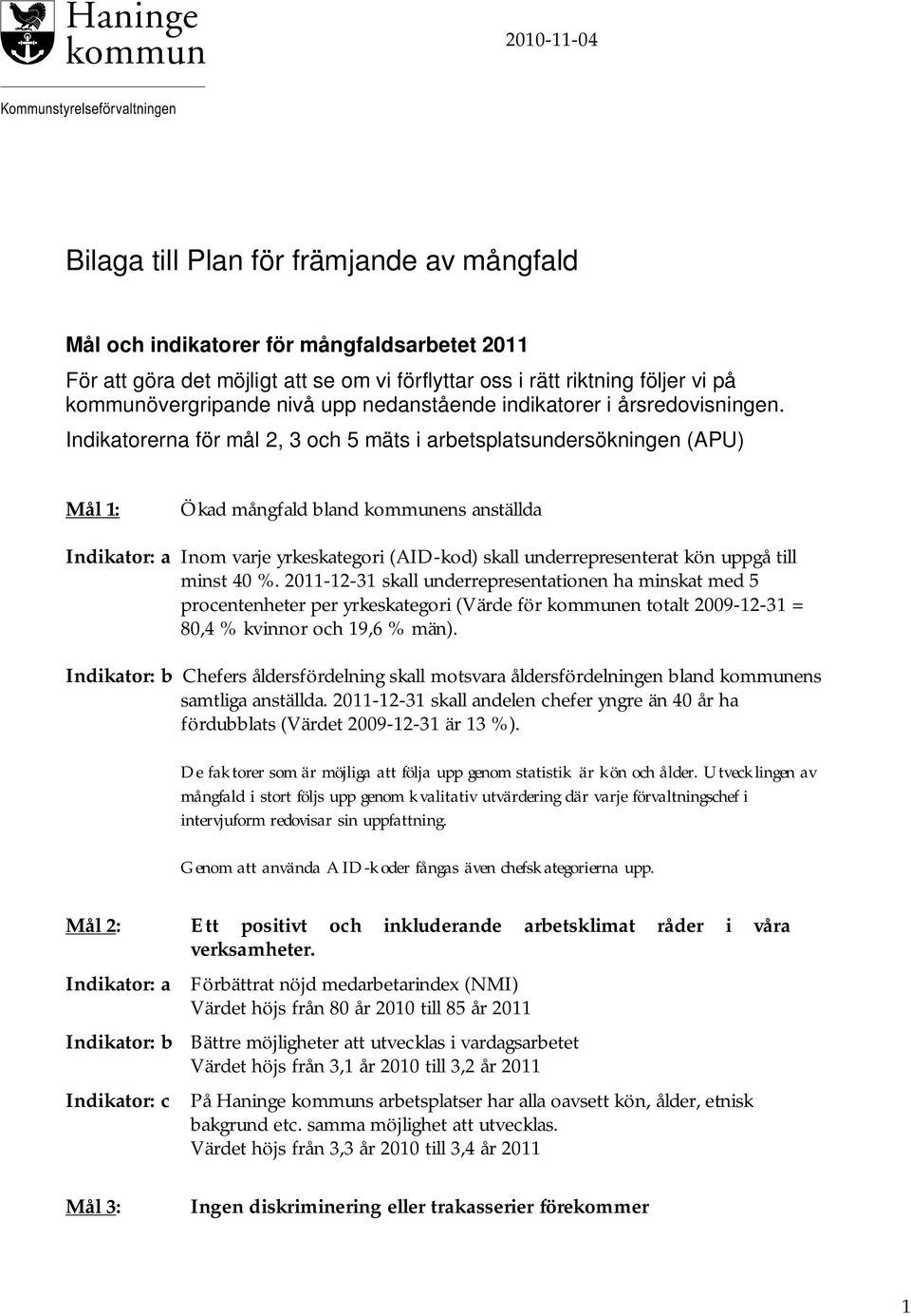 Indikatorerna för mål 2, 3 och 5 mäts i arbetsplatsundersökningen (APU) Mål 1: Ökad mångfald bland kommunens anställda Indikator: a Inom varje yrkeskategori (AID-kod) skall underrepresenterat kön