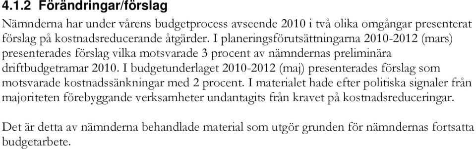 I budgetunderlaget 2010-2012 (maj) presenterades förslag som motsvarade kostnadssänkningar med 2 procent.