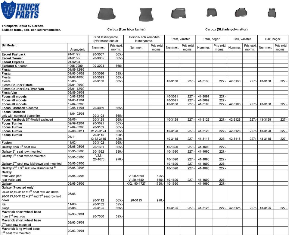 Fiesta Van 05/89-09/03 Focus all models 10/98-12/02 40-3091 227:- 41-3091 227:- Focus all models 01/03-11/04 40-3091 227:- 41-3092 227:- Focus all models 12/04-02/08 40-3108 227:- 41-3108 227:-