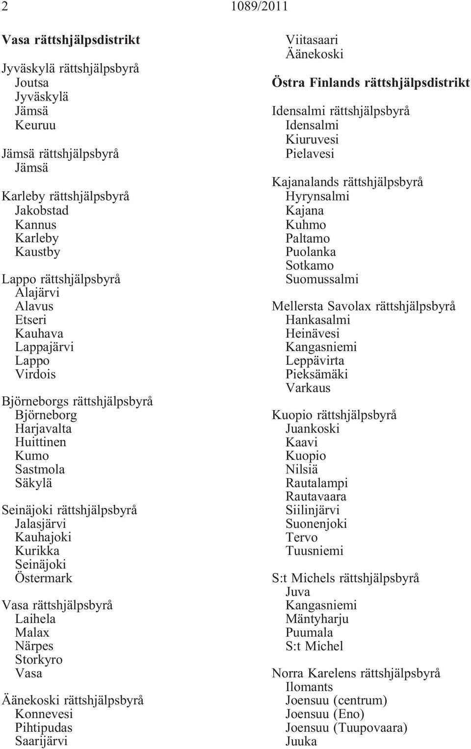 Saarijärvi Viitasaari Äänekoski Östra Finlands rättshjälpsdistrikt Idensalmi Idensalmi Kiuruvesi Pielavesi Kajanalands Hyrynsalmi Kajana Kuhmo Paltamo Puolanka Sotkamo Suomussalmi Mellersta Savolax