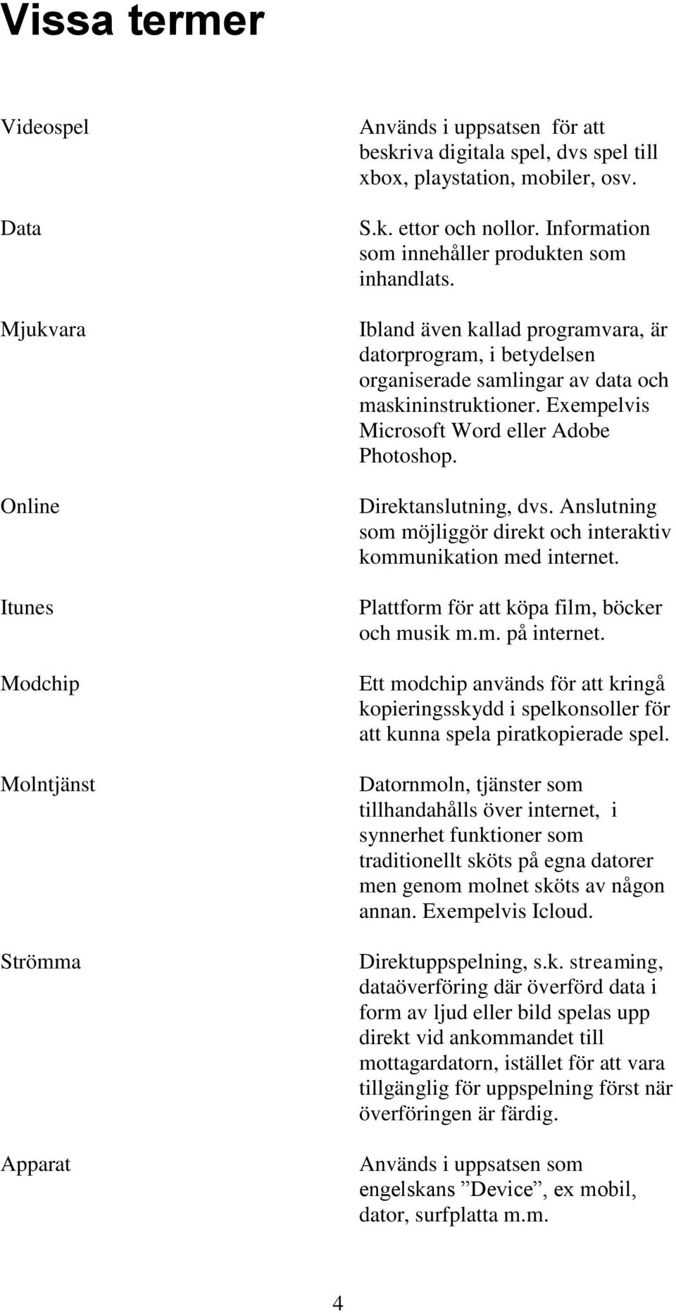 Exempelvis Microsoft Word eller Adobe Photoshop. Direktanslutning, dvs. Anslutning som möjliggör direkt och interaktiv kommunikation med internet. Plattform för att köpa film, böcker och musik m.m. på internet.