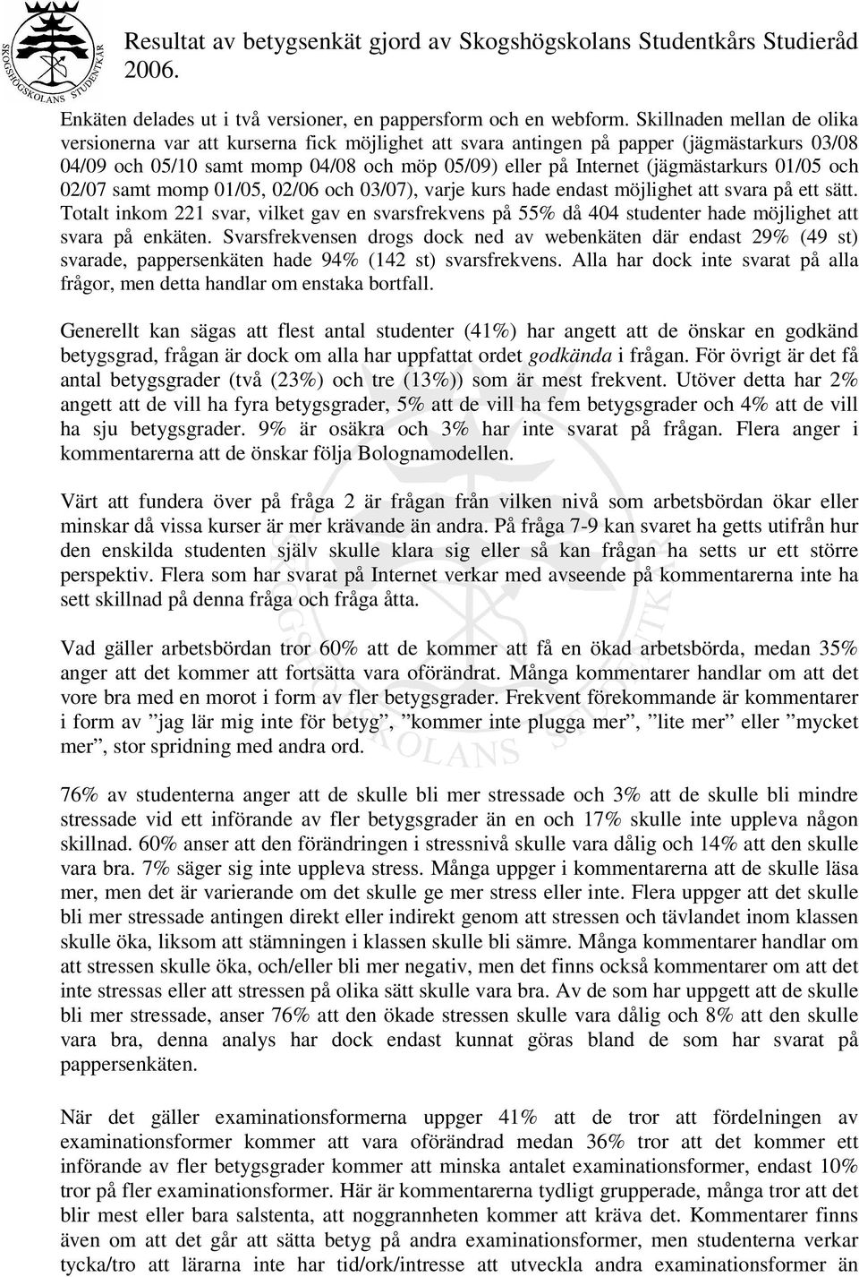 2/7 samt momp 1/5, 2/6 och 3/7), varje kurs hade endast möjlighet att svara på ett sätt. Totalt inkom 221 svar, vilket gav en svarsfrekvens på 55% då 44 studenter hade möjlighet att svara på enkäten.