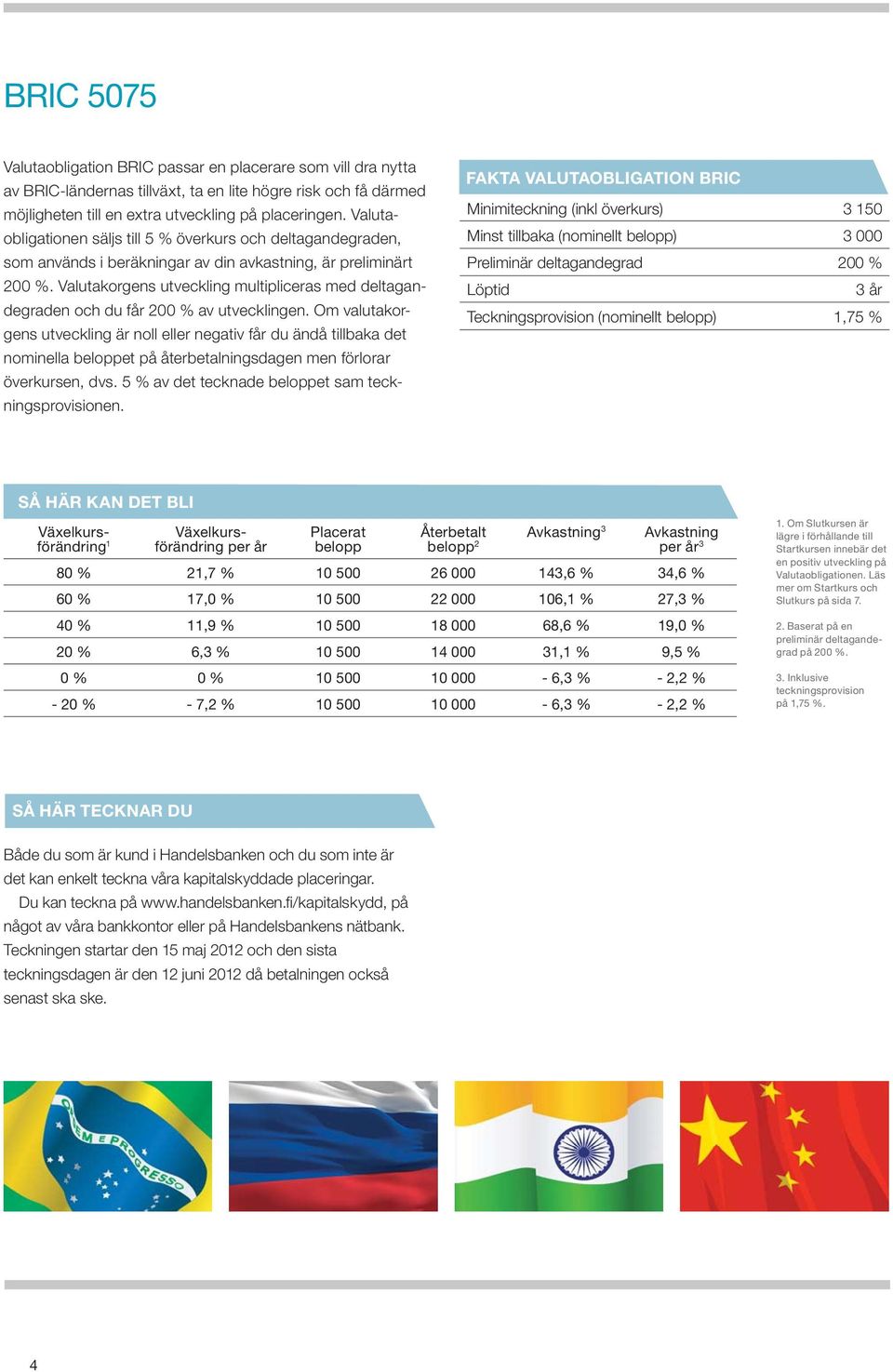 placeringen. Valutaobligationen säljs till 5 % överkurs och deltagandegraden, som används i beräkningar av din avkastning, är preliminärt 200 %.