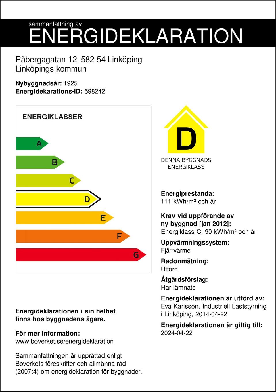 se/energideklaration Krav vid uppförande av ny byggnad [jan 2012]: Energiklass C, 90 /m² och år Uppvärmningssystem: Fjärrvärme Radonmätning: Utförd Åtgärdsförslag: Har lämnats