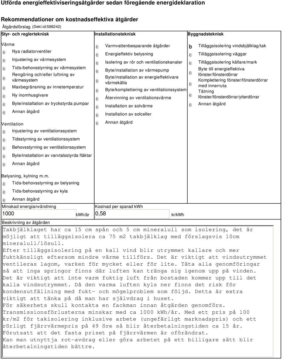 värmesystem Maxbegränsning av innetemperatur Ny inomhusgivare Byte/installation av tryckstyrda pumpar Ventilation Injustering av ventilationssystem Tidsstyrning av ventilationssystem Behovsstyrning