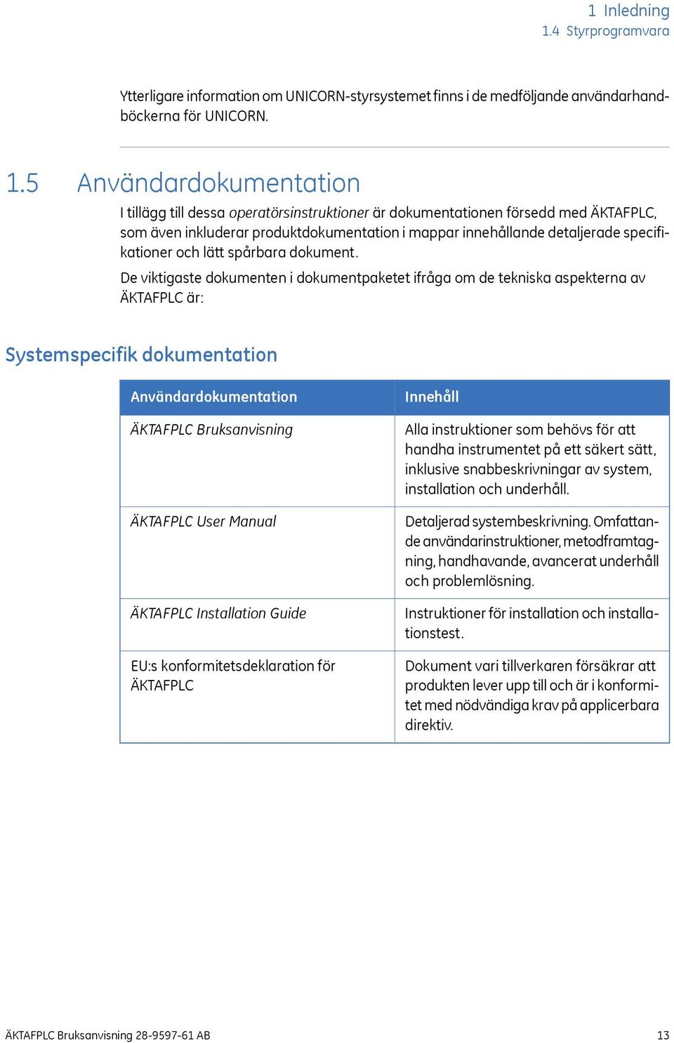 5 Användardokumentation I tillägg till dessa operatörsinstruktioner är dokumentationen försedd med ÄKTAFPLC, som även inkluderar produktdokumentation i mappar innehållande detaljerade specifikationer
