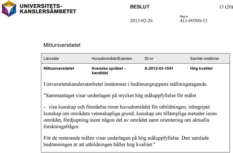 "Sammantaget visar underlagen på mycket hög måluppfyllelse för målet - visa kunskap och förståelse inom huvudområdet för utbildningen, inbegripet kunskap om områdets