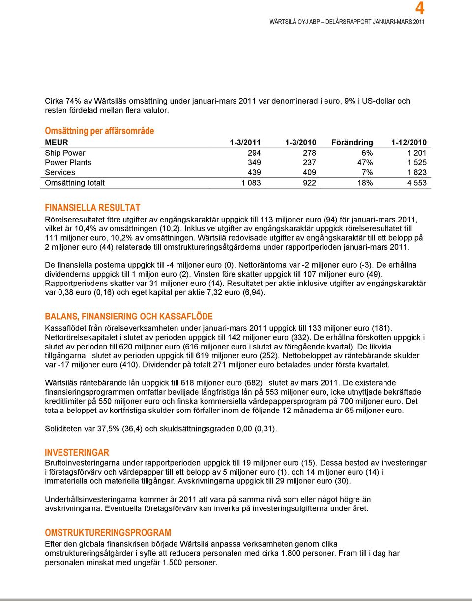 FINANSIELLA RESULTAT Rörelseresultatet före utgifter av engångskaraktär uppgick till 113 miljoner euro (94) för januari-mars 2011, vilket är 10,4% av omsättningen (10,2).