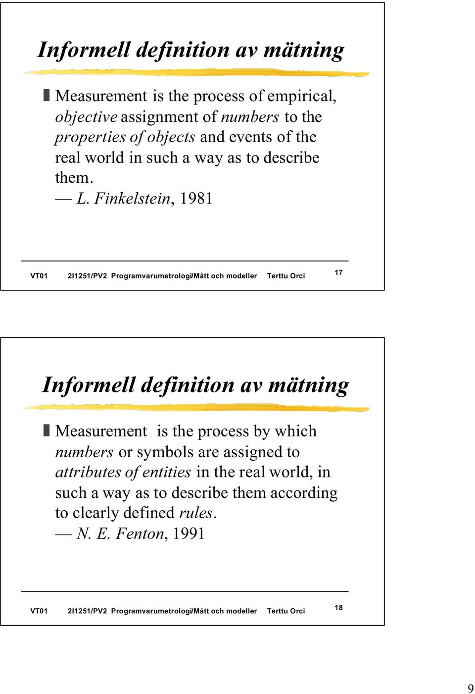 Finkelstein, 1981 17 Informell definition av mätning Measurement is the process by which numbers or symbols are