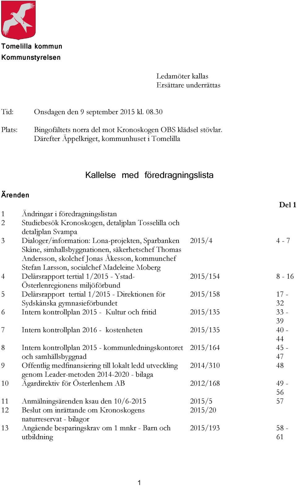 Dialoger/information: Lona-projekten, Sparbanken Skåne, simhallsbyggnationen, säkerhetschef Thomas Andersson, skolchef Jonas Åkesson, kommunchef Stefan Larsson, socialchef Madeleine Moberg 4